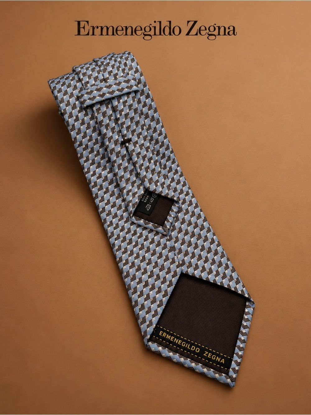Ermenegildo Zegna Blue Brown Geometric Silk Tie Made in Italy